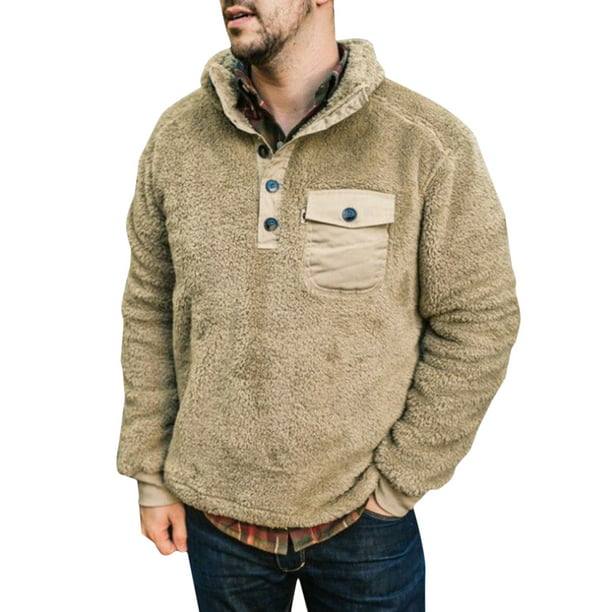 YYear Men Sweatshirt Fall & Winter Faux Suede Long Sleeve Warm Pullover Tops Khaki XL 